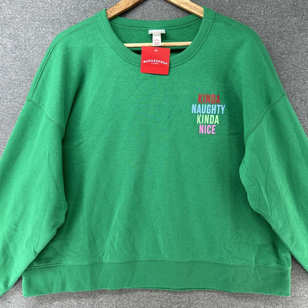 NWT Wondershop Womens Sweatshirt 1X Green Kinda Naughty Kinda Nice Crewneck